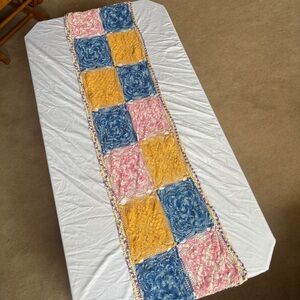 Handmade Vintage Blue, Yellow & Pink Patchwork Table Runner Cottagecore Doily